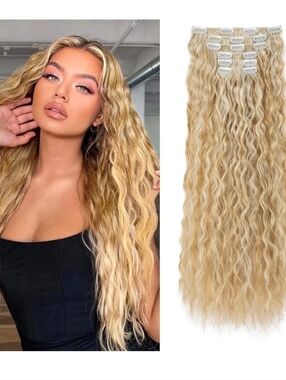 Blonde Clip-In Wavy Hair Extensions - 24" 6PCS  BLONDE WITH LIGHT BLONDE